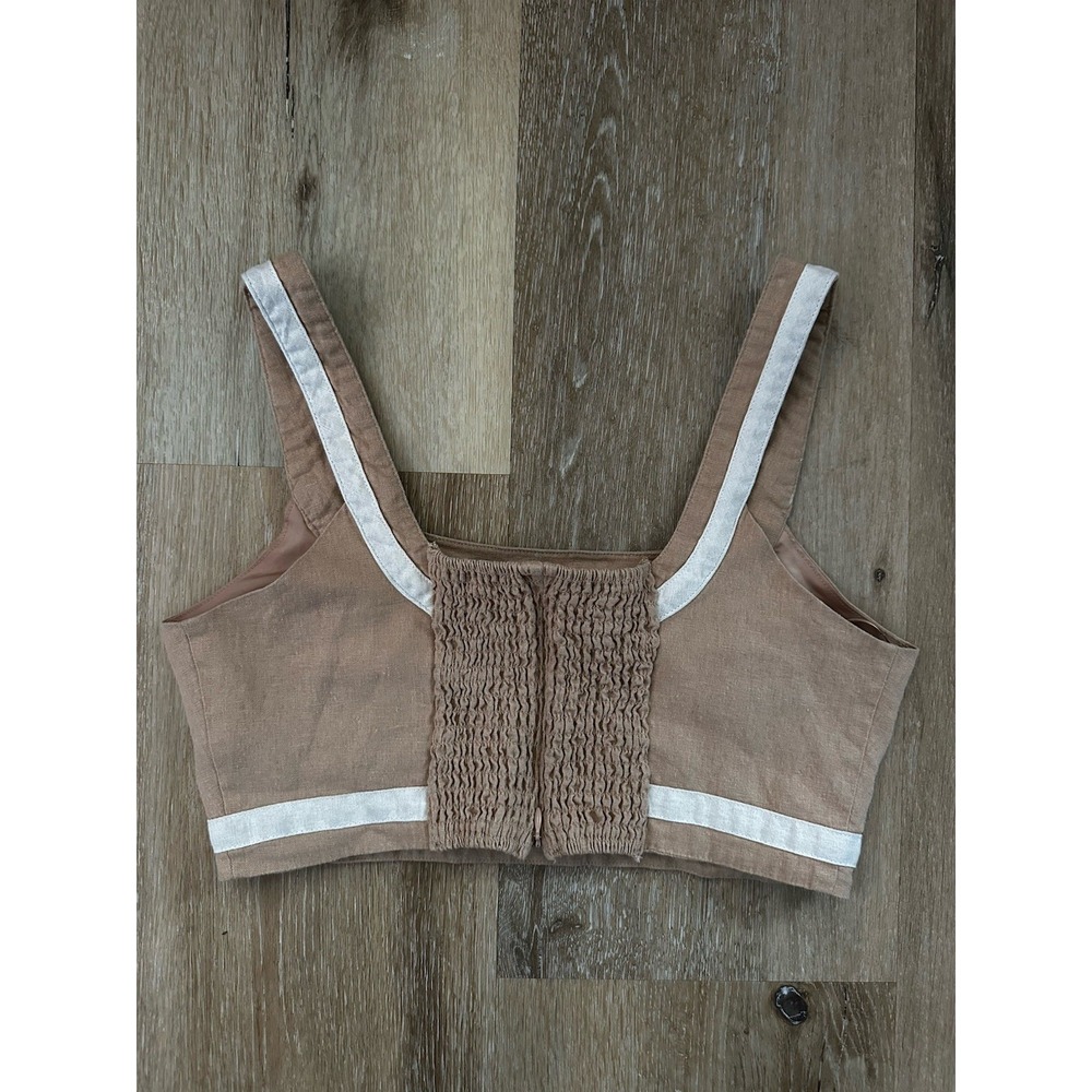 7 For All Mankind Crop Top Womens Medium Linen Blend Smocked Back Summer Neutral - Picture 2 of 6